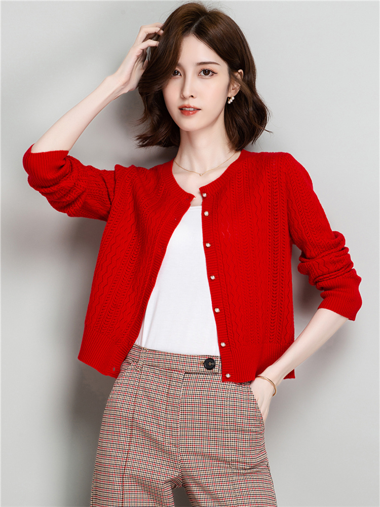 大红色羊毛针织开衫女2022早春款时尚拼接娃娃领爱心扣韩版毛外套