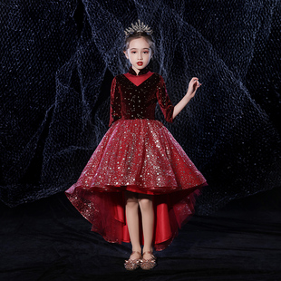 儿童礼服公主裙女童蓬蓬纱生日红色走秀小花童钢琴演出服长袖高端