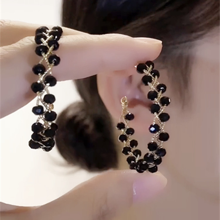 高级感黑色水晶大耳圈小众设计圆形耳