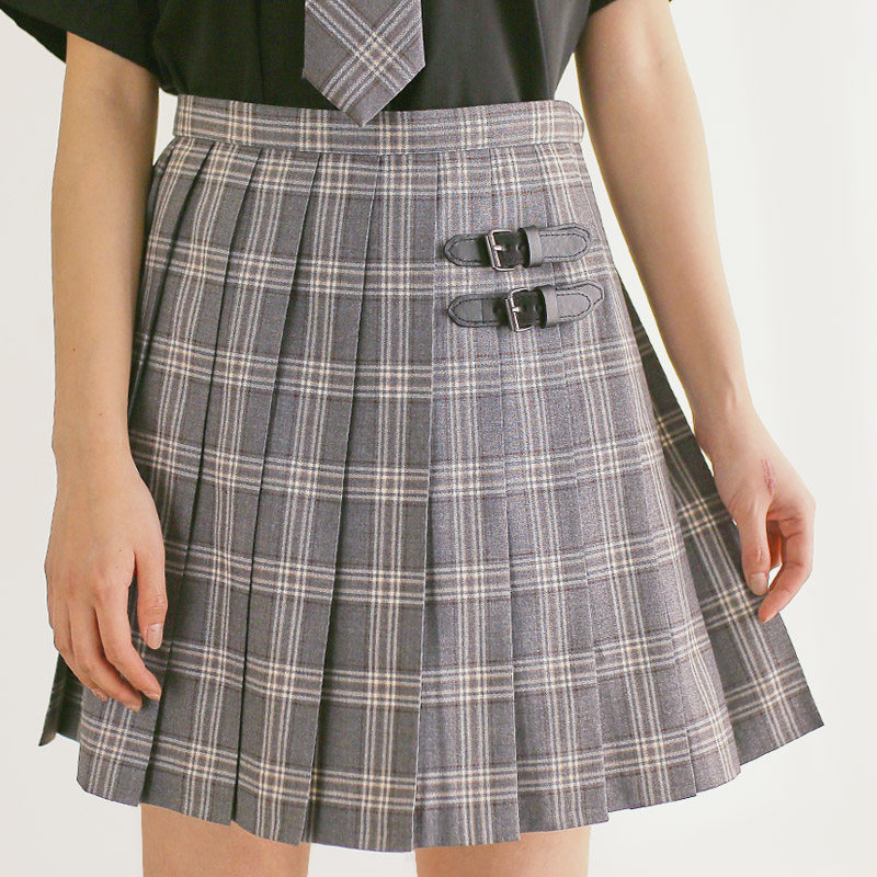 成品布 日本jk制服灰金格皮扣百褶裙高腰格裙班服学院风