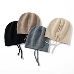 100%纯山羊绒帽子女卷边显脸小包头护耳帽冬季保暖系绳针织堆堆帽