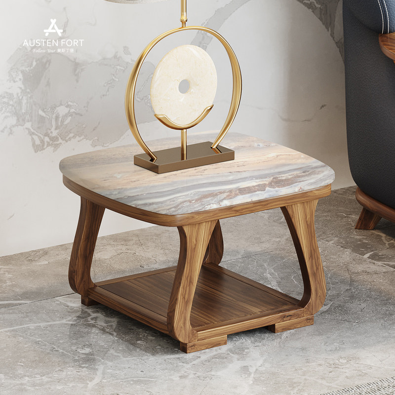 别墅乌金木方几大理石面新中式实木角几现代简约边几轻奢客厅家具