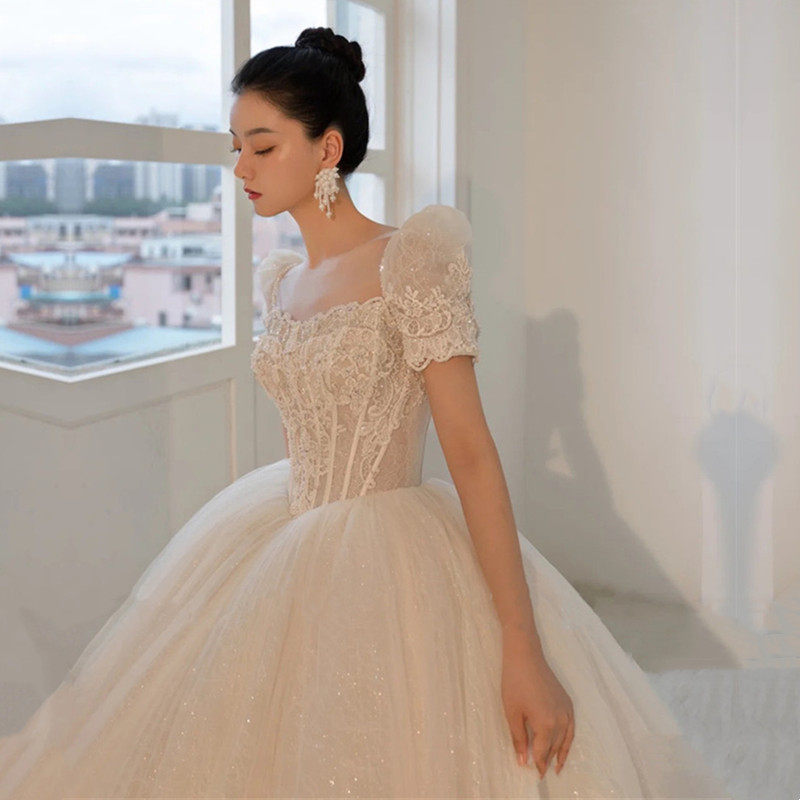 一折大码婚纱泡泡袖_新款小个子新娘婚纱多穿法式蕾丝公主蓬蓬泡泡袖