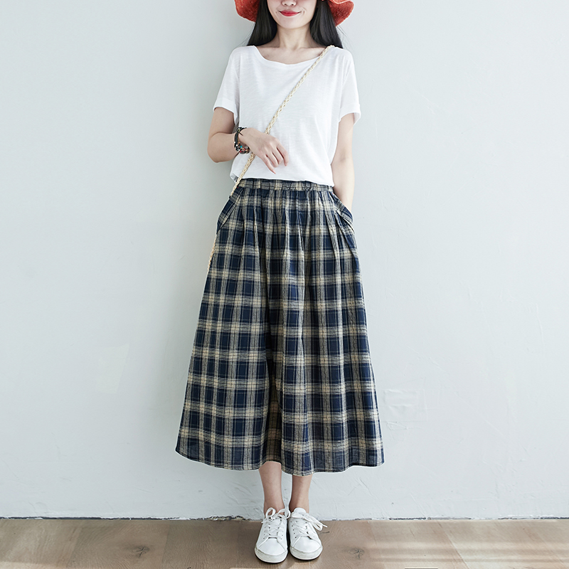 半身裙女春夏a字伞裙中长款长裙宽松高腰松紧学院风大摆格子裙夏