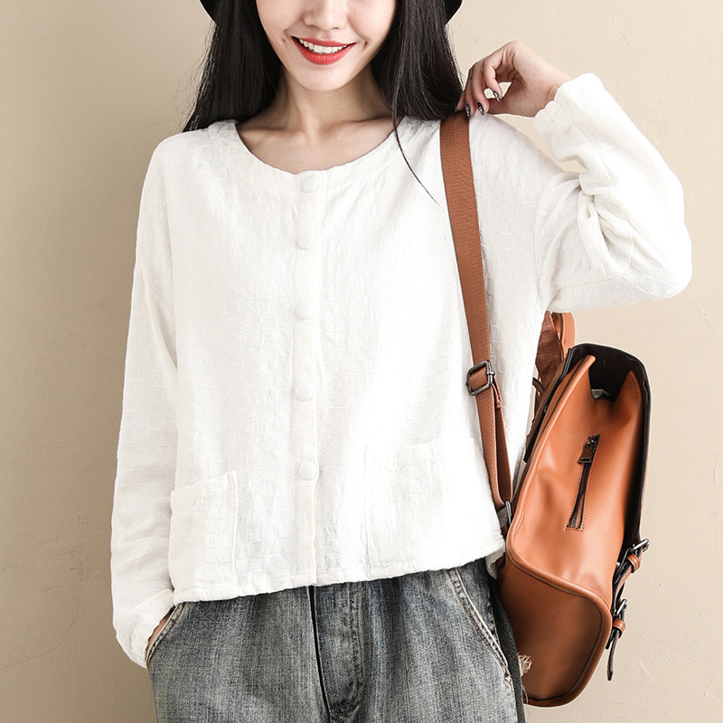 芒戈t恤女春秋棉上衣宽松文艺外套上衣ins风开衫韩版无领白色长袖