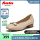 Bata浅口单鞋女2024春季商场新款羊皮粗跟软底蝴蝶结单鞋AOX11AQ4