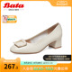 Bata浅口单鞋女春季商场新款羊皮粗跟通勤方扣单鞋6511DAQ3