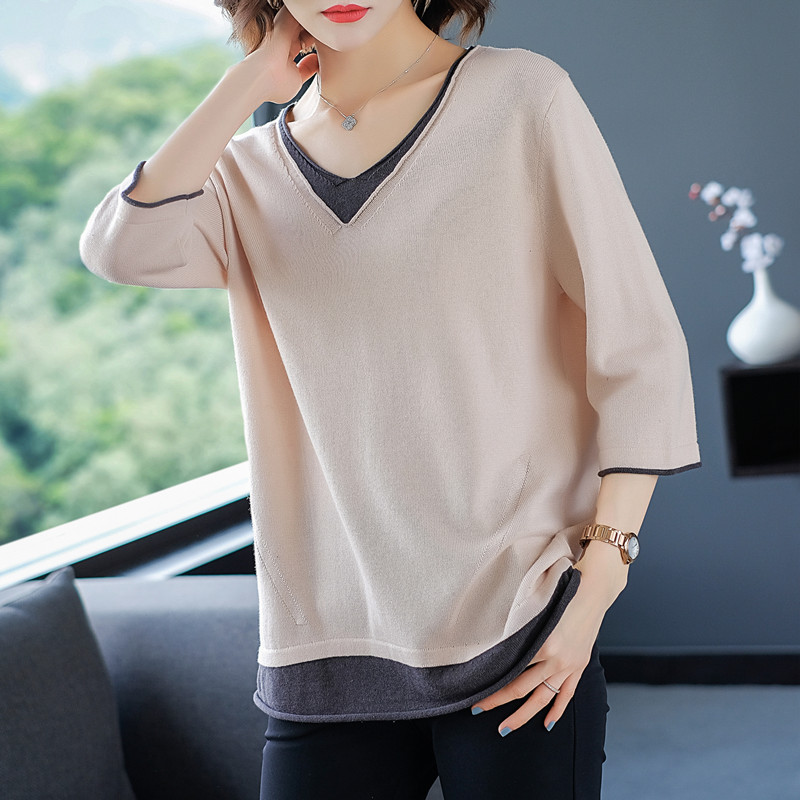 胖mm春装大码七分袖针织衫纯棉t恤女宽松200斤胖妹妹遮肚v领上衣