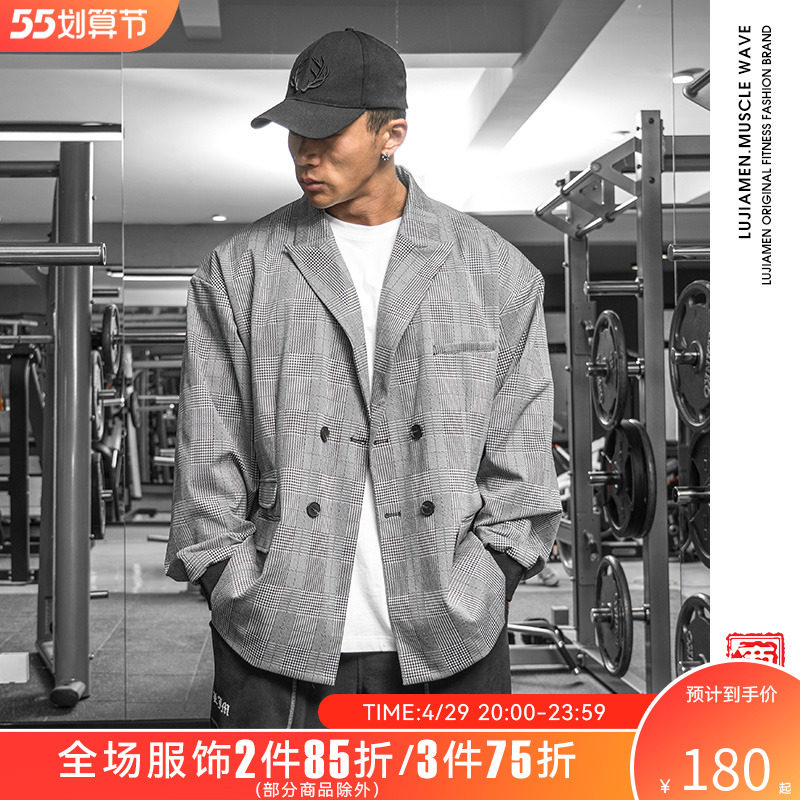 鹿家门春季千鸟格潮流大码西装外套男复古休闲新款个性短款上衣男