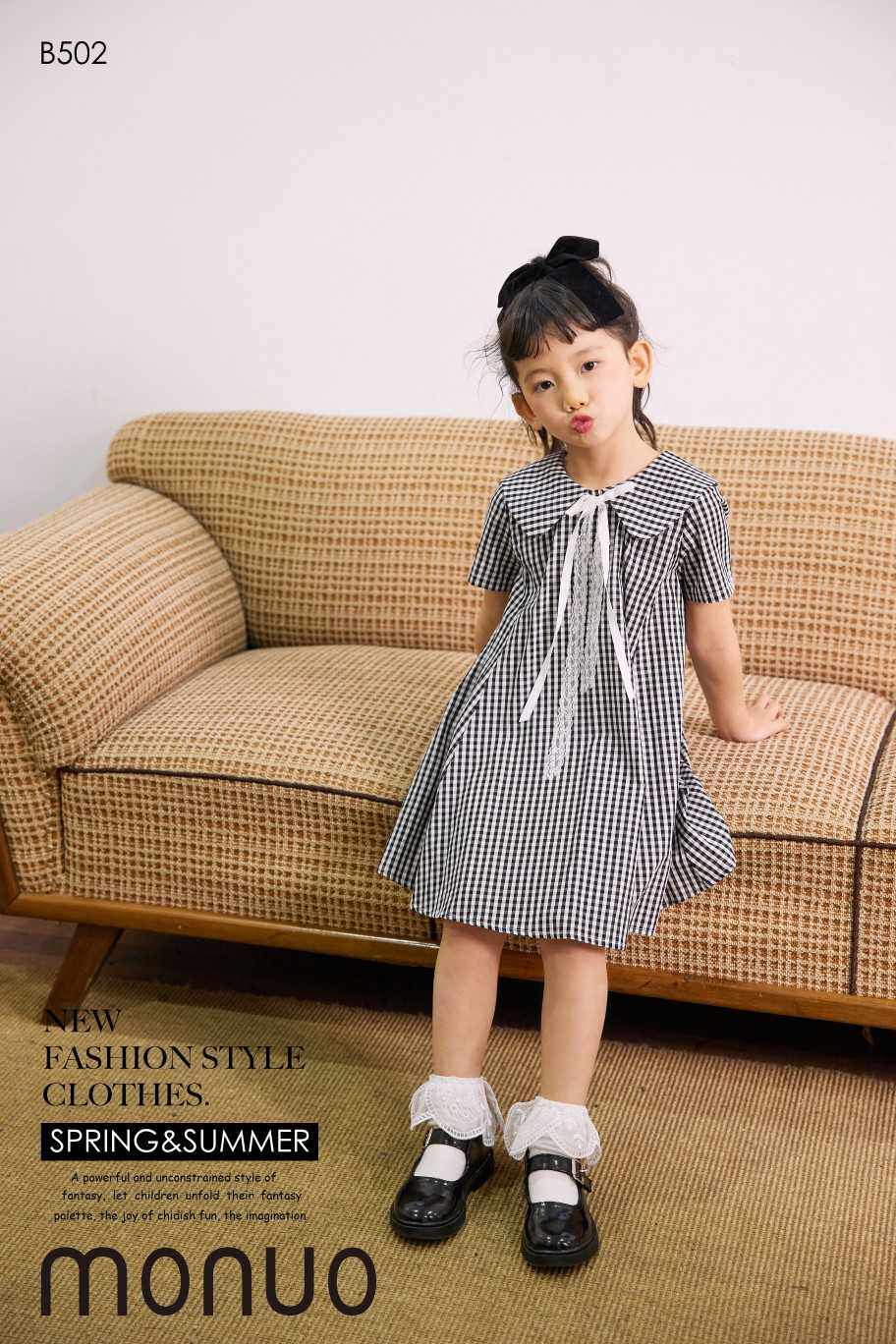 摩诺monuo2021夏装新款女童中大童格子学院风小清新韩版连衣裙