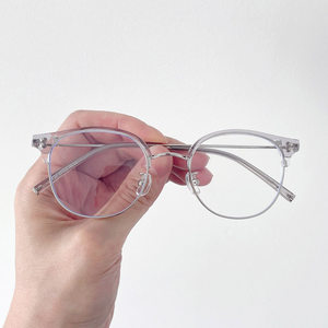 复古眉线半框眼镜男女近视可配度数腮红超轻透明灰茶黑圆金属眼睛