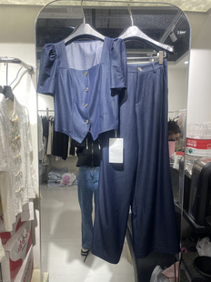 夏装搭配一整套时尚韩系藏蓝色马甲阔腿休闲裤子干练气质女装套装