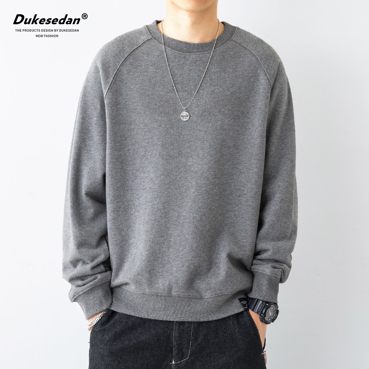 春秋季款灰色卫衣男圆领宽松套头外穿纯色潮流休闲长袖t恤男上衣