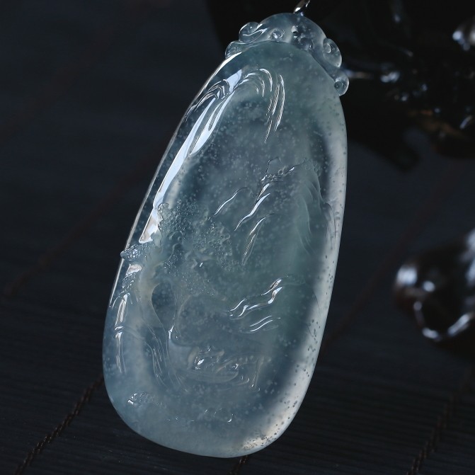 收藏级大件厚装玻璃种木那翡翠吊坠山水独钓寒江雪44.88克