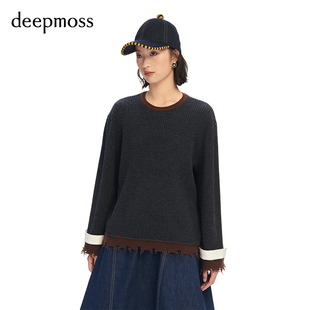 【deepmoss】2023冬季新款女装时尚拼接衬衫袖套头羊毛衫毛边毛衣