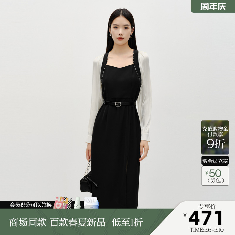 芭蒂娜显瘦连身裙2024春夏新款女黑色拼接高端气质过膝开叉长裙