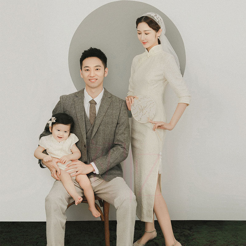 新款亲子展会影楼拍照服装宝宝周岁一家三口全家福中国风旗袍礼服