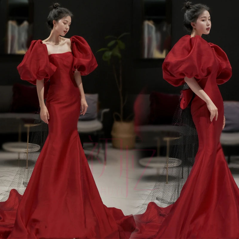 2022年新款影楼主题婚纱拍照服装女王气质修身红色结婚鱼尾晚礼服
