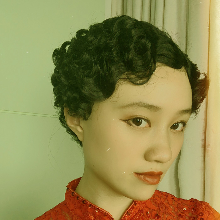 旗袍假发套造型_假发女复古手推水波纹假发短卷发头套旗袍造型老上海