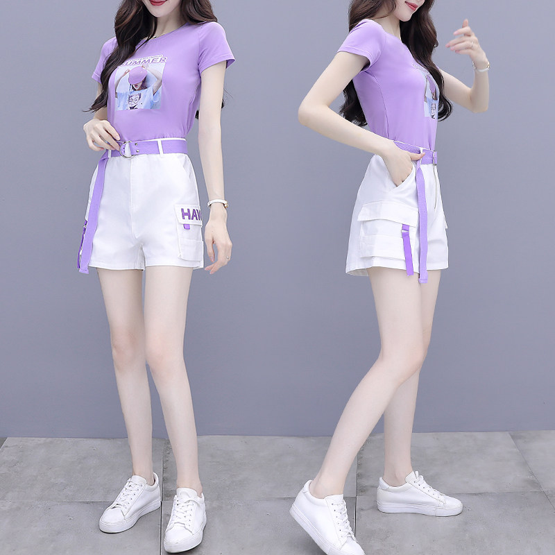 小个子洋气套装女夏气质短袖t恤宽松减龄显高阔腿短裤时尚两件套