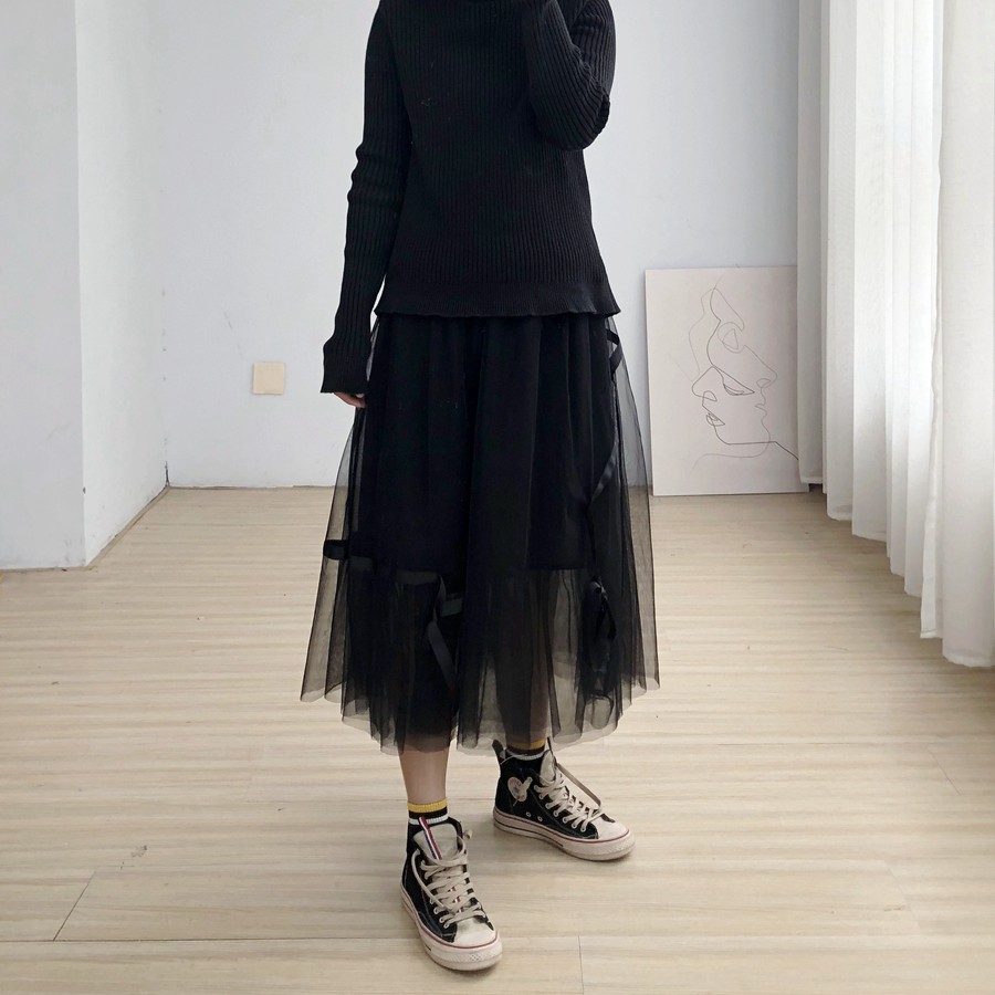 秋冬_2019秋冬新款网纱裙网纱半身裙纱裙a字裙暗黑风黑纱裙丝带蕾丝裙