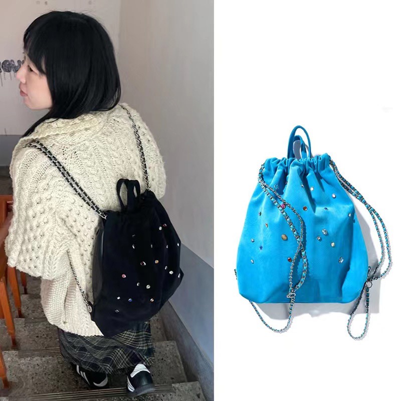 韩国设计小众女包袋磨砂绒拼接彩色宝石链条双肩包抽绳手提背包