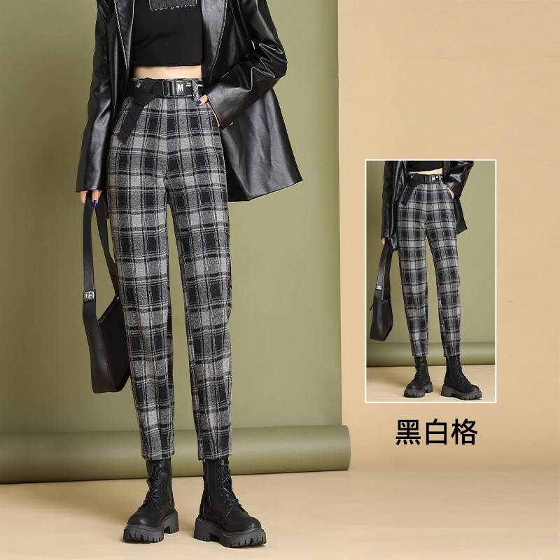 加厚哈伦裤女秋冬高腰黑白格子羊绒裤子外穿配马丁靴小个子毛呢裤