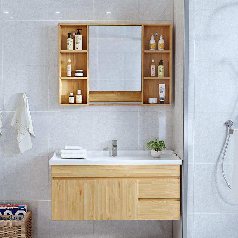 实木浴室柜组合原木色橡木吊柜陶瓷面盆挂墙式洗漱台卫浴镜柜收纳