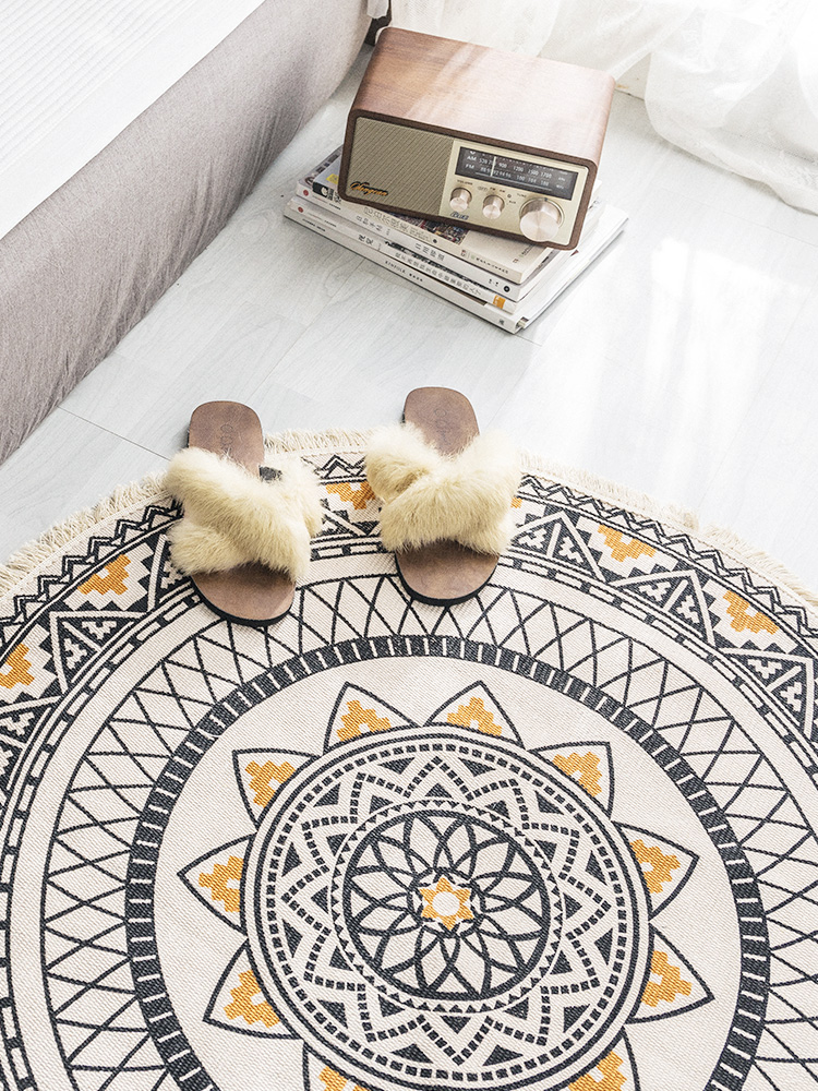 北欧棉麻圆形地毯地垫卧室复古吊篮床边地毯客厅沙发茶几垫可机洗