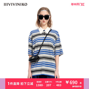 IIIVIVINIKO夏季新品学院风休闲条纹Polo领短袖T恤女M320549337D