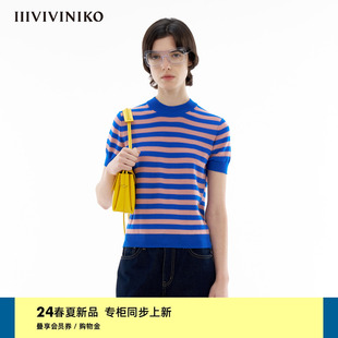 IIIVIVINIKO2024夏季新款“美利奴羊毛”修身条纹短袖针织衫女