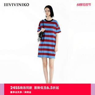 IIIVIVINIKO2024夏季新款休闲H型条纹短袖T恤连衣裙女R421102649C