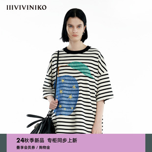 IIIVIVINIKO2024秋季新款“主题刺绣图案”落肩宽松印花短袖T恤女
