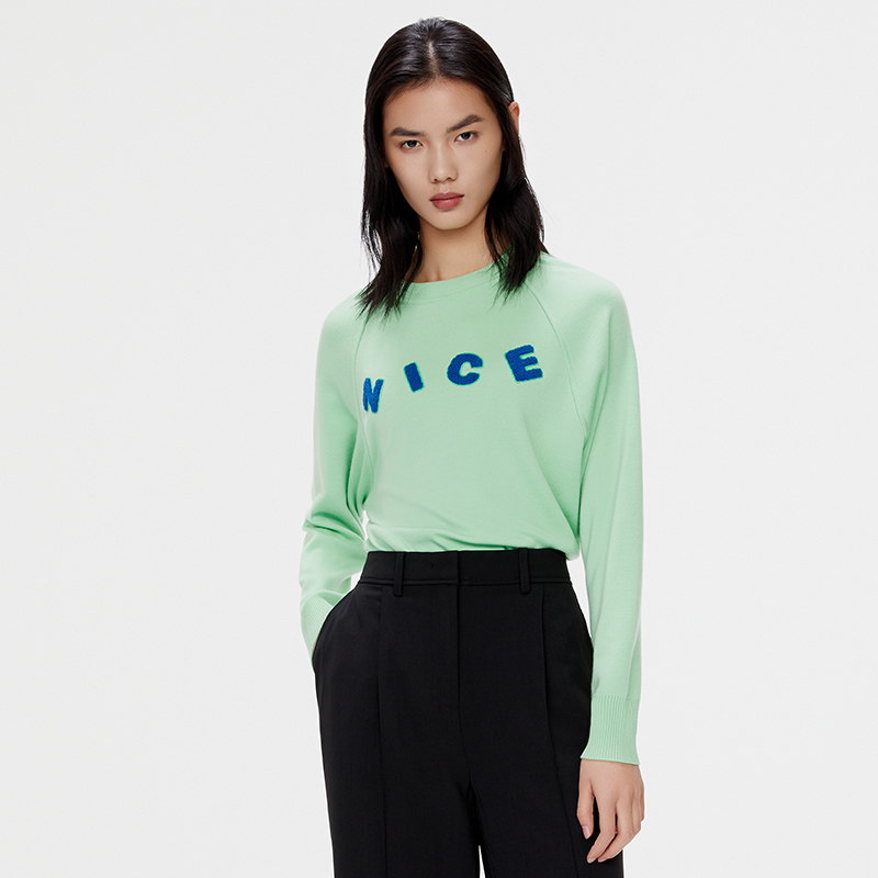 设计师品牌 iiiviviniko薇薏蔻羊毛薄荷绿字母贴布绣针织毛衣