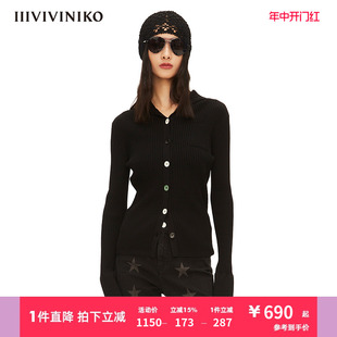 IIIVIVINIKO“超细支美丽诺羊毛纱线”海军领针织衫女M210205662A