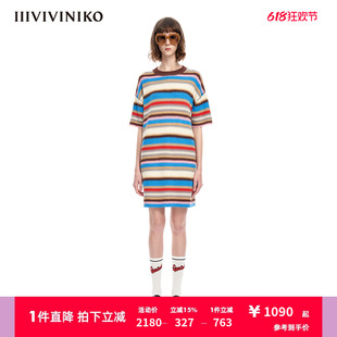 IIIVIVINIKO春夏新品多巴胺条纹圈圈纱针织连衣裙女M311113621B