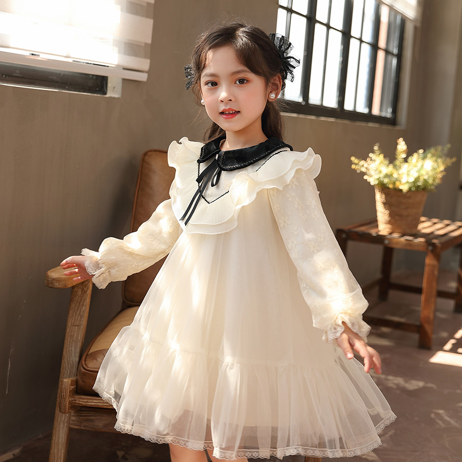 (今日11折)女童宫廷风网纱裙蓬蓬裙2022秋季新款中大童法式纯色蕾丝连