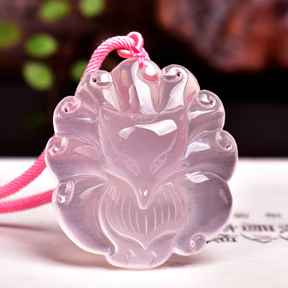 热销三生三世十里桃花天然莫桑比克粉水晶九尾狐吊坠毛衣链项链女