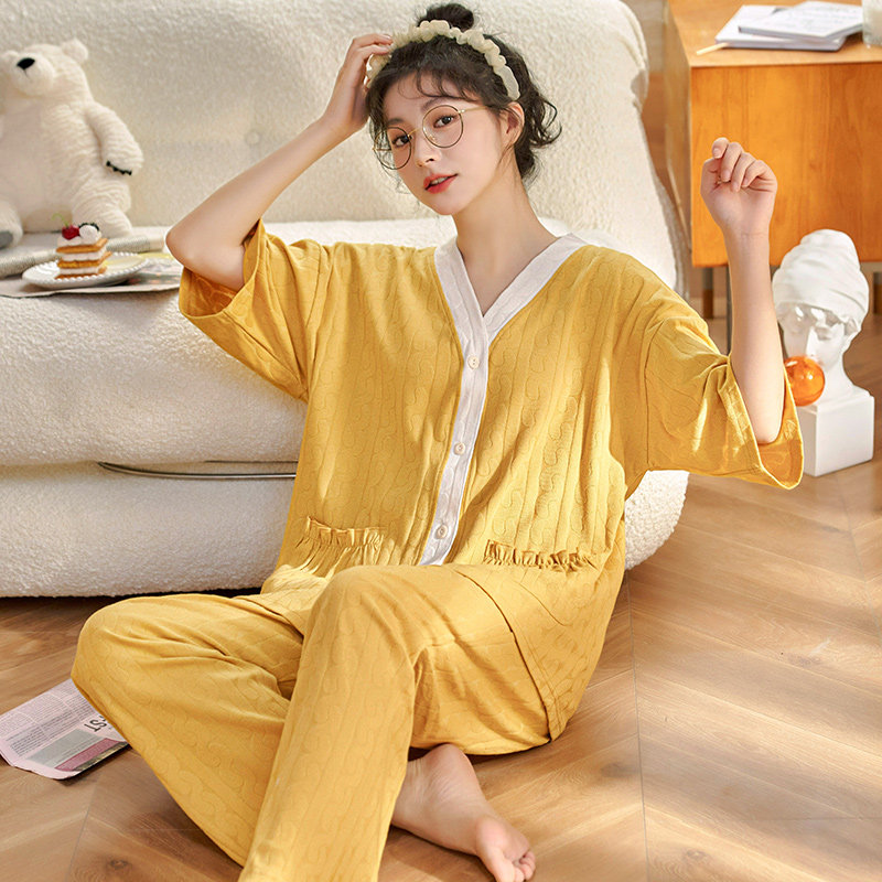 凯玥璐针织棉睡衣女夏季短袖长裤大码家居服两件套装