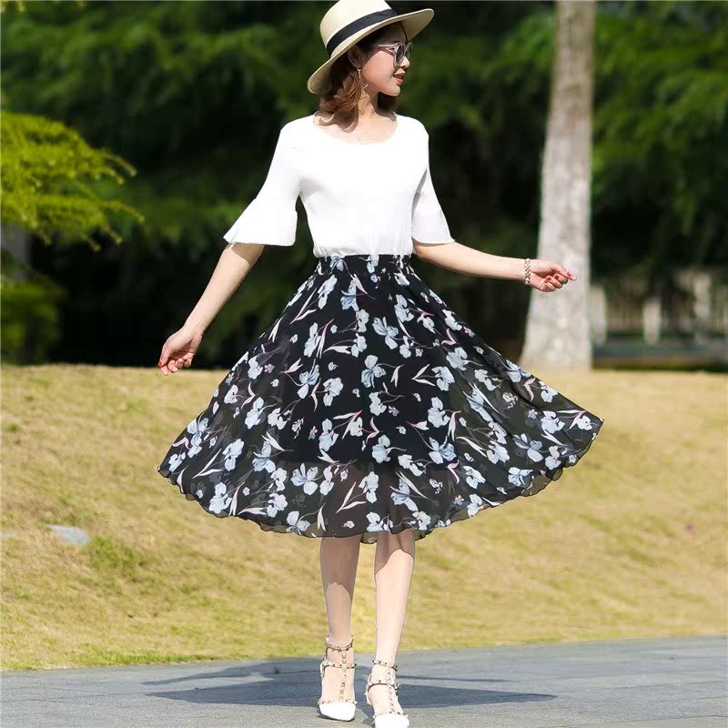 2019夏季新款印花半身裙中长款女高腰大摆a字裙修身显瘦雪纺中裙在类目 女装/女士精品, 半身裙中 - 来自Buy2taobao.com提供专业的淘宝代购服务