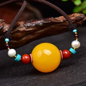 天然鸡油黄老蜜蜡圆珠锁骨链琥珀原石蜜蜡吊坠女款项链女神毛衣链