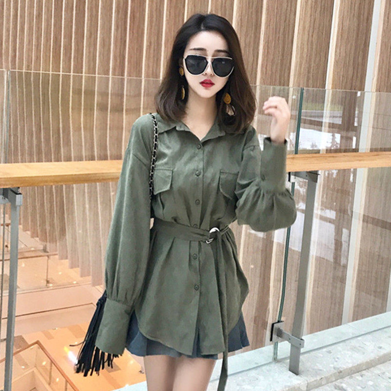 港昧复古中长款收腰长袖衬衫女高档丝绒宽松显瘦系腰带裙摆上衣潮