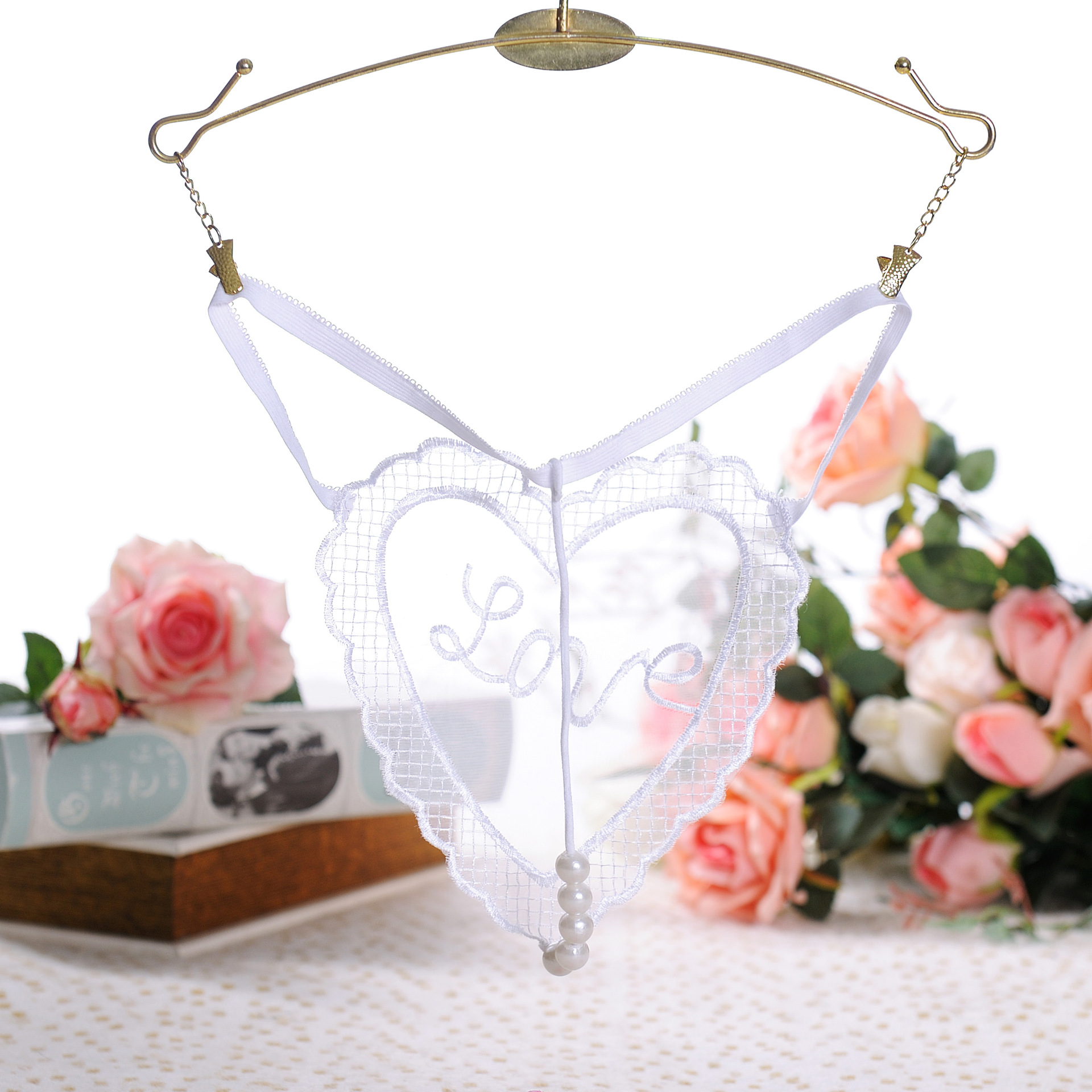 珍珠丁t字裤女士性感诱惑透明网纱内裤日系蕾丝低腰激情免脱