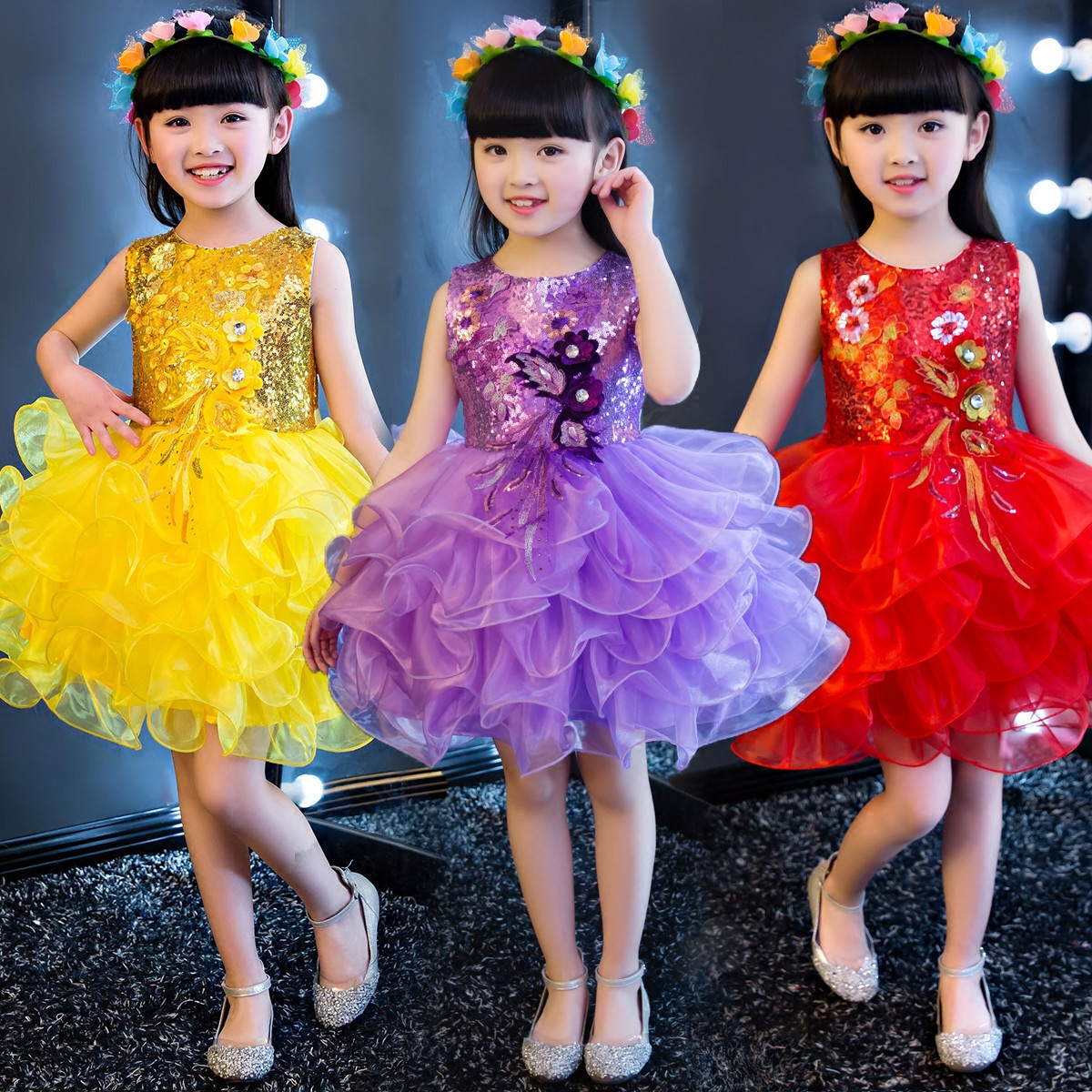 六一儿童蓬蓬裙表演服装亮片女童公主裙舞蹈服现代纱裙演出服礼服