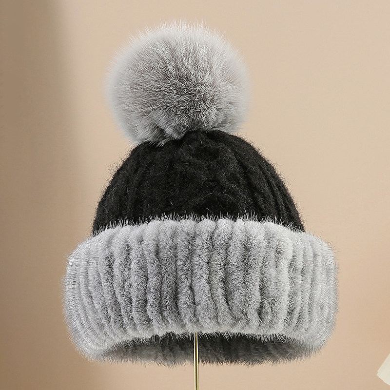 水貂毛帽子女甜美狐狸毛球冬季护耳保暖皮草圣诞帽混纺毛线针织帽
