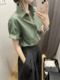 绿色棉麻正肩短袖衬衫女夏薄款大码胖MM高级感亚麻衬衣polo领上衣