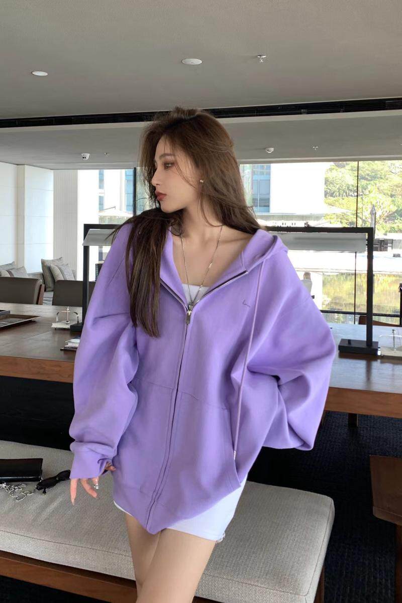 11an韩国连帽开衫字母印花宽松卫衣女2022春季拉链中长款外套上衣