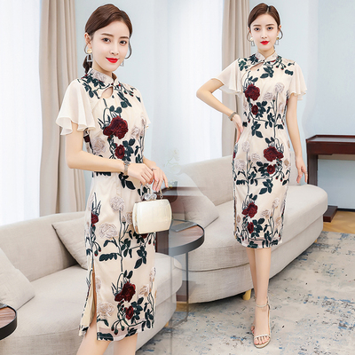 旗袍2020年新款夏季女装复古中国风荷叶袖刺绣中长款改良版连衣裙