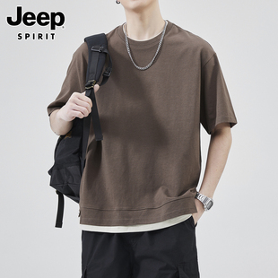 Jeep吉普假两件短袖t恤男士夏季纯棉潮牌上衣服宽松圆领男装体恤