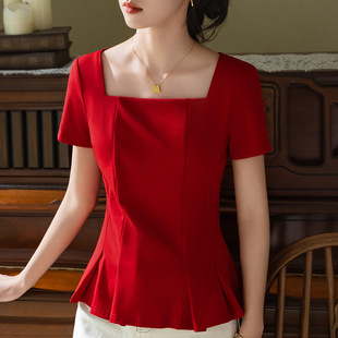 法式裙摆上衣遮肚子夏季2024新款方领短袖女收腰洋气掐腰红色小衫